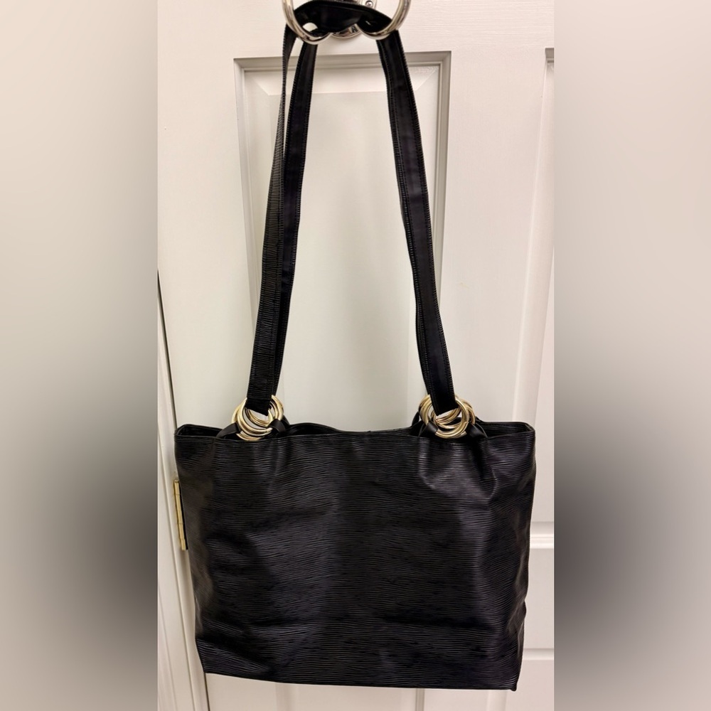 LANCÔME Y2K Vintage 90’s Rare Black Textured Epi Style Tote Handbag Gold Rings